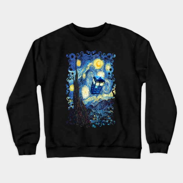 Blue Phone booth starry the night Crewneck Sweatshirt by Dezigner007